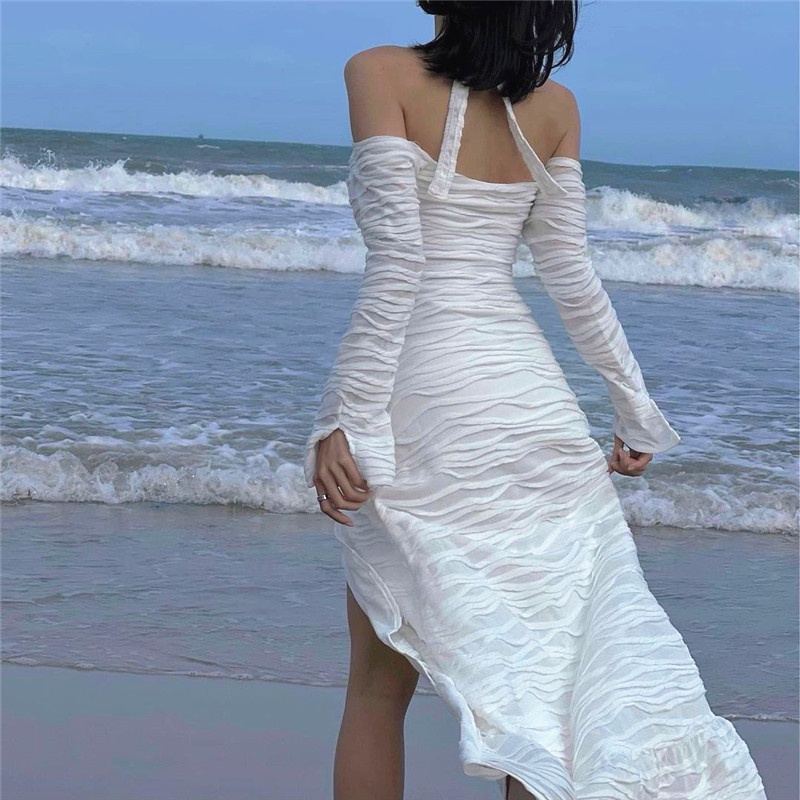 Đầm trắng cổ yếm dài tay phối xếp ly thời trang thường ngày cho nữ C318 | BigBuy360 - bigbuy360.vn