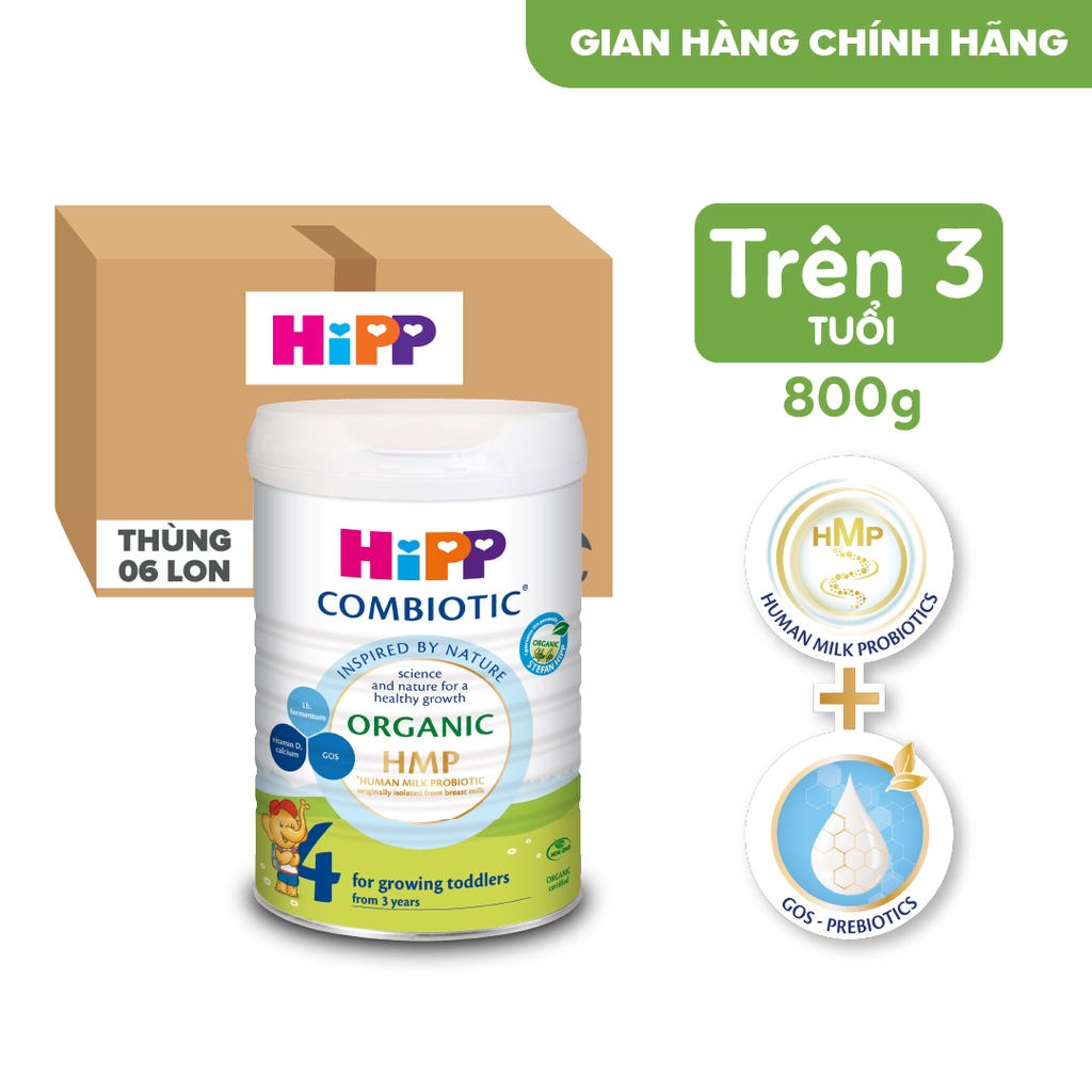 Thùng 6 lon Sữa bột công thức HiPP 4 Organic Combiotic 800g dành cho trẻ từ 3 tuổi (6 lon x 800g)