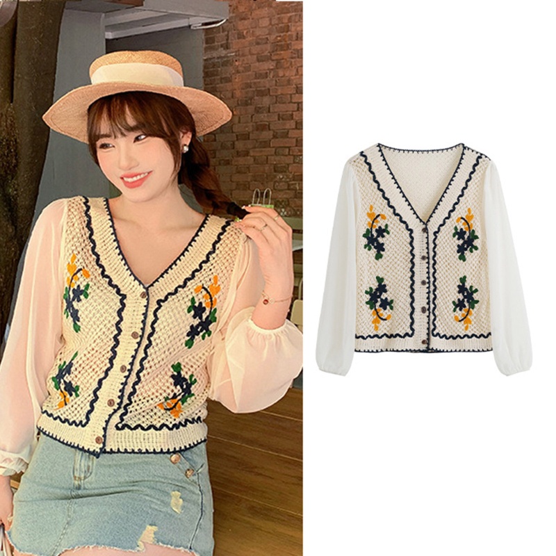 Áo Khoác Cardigan Dệt Kim Tay Dài Cổ Chữ V Phối Nút Thiết Kế Đục Lỗ Thời Trang