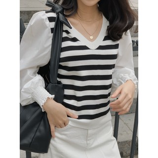 Áo thân pha len kẻ cổ tim SA392 1994closet