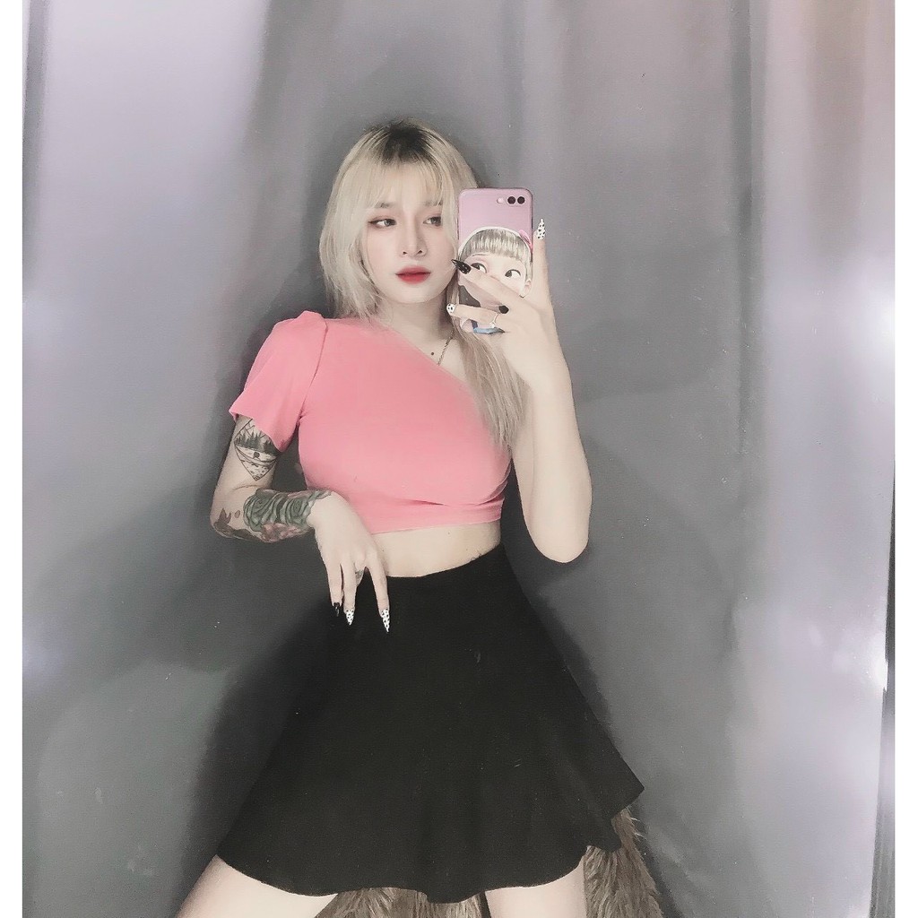 áo croptop kiểu lệch vai tay ngắn sexy, xinh đủ màu ảnh thật, chất bozip mềm
