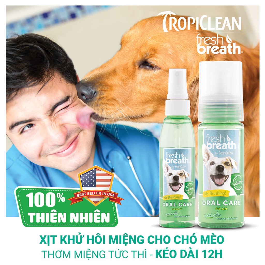 Xịt miệng cho chó mèo Tropiclean 118ml, vệ sinh chăm sóc răng miệng thơm mảng bám hôi miệng Con Mèo Xiêm