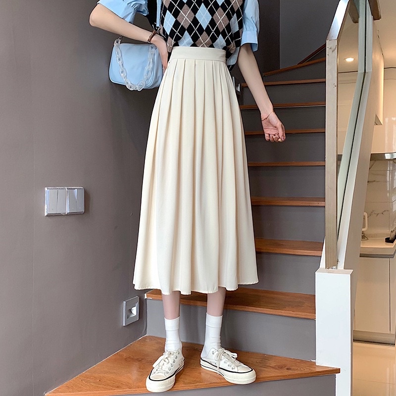 Shopbelinh - Chân Váy Midi Chữ A Lưng Cao Xếp Ly có chun sau lưng Phong Cách Hàn Quốc Thời Trang Cho Nữ