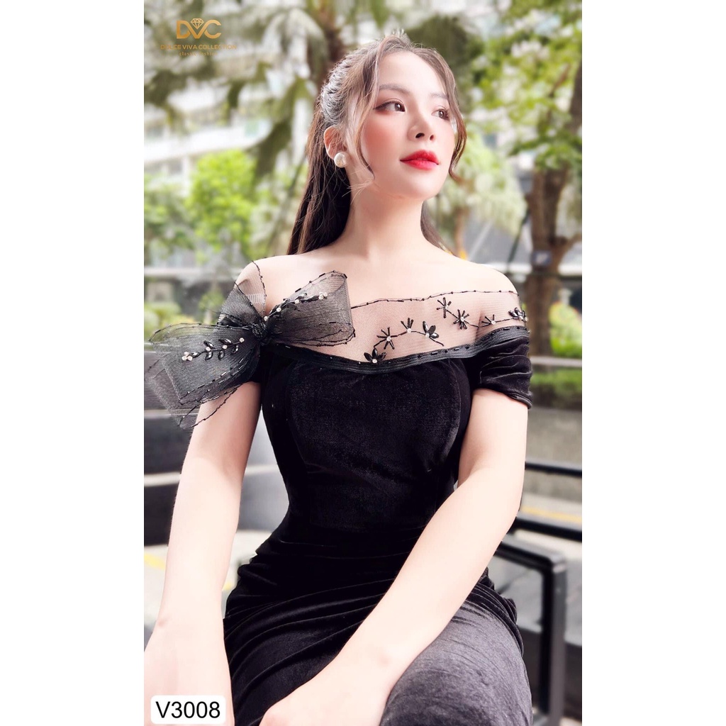 V3008 Váy đen nhung  váy ôm body nhún eo trễ vai dự tiệc sang chảnh  Dolce viva colection