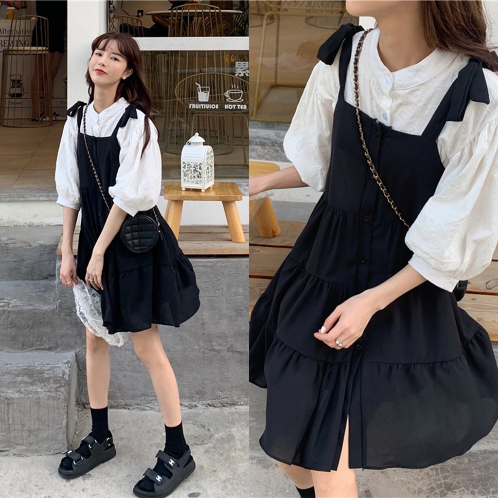 Set áo và váy yếm buộc dây nơ 💖 Freeship 💖 Bộ váy yếm babydoll kèm áo sơ mi cài cúc | BigBuy360 - bigbuy360.vn