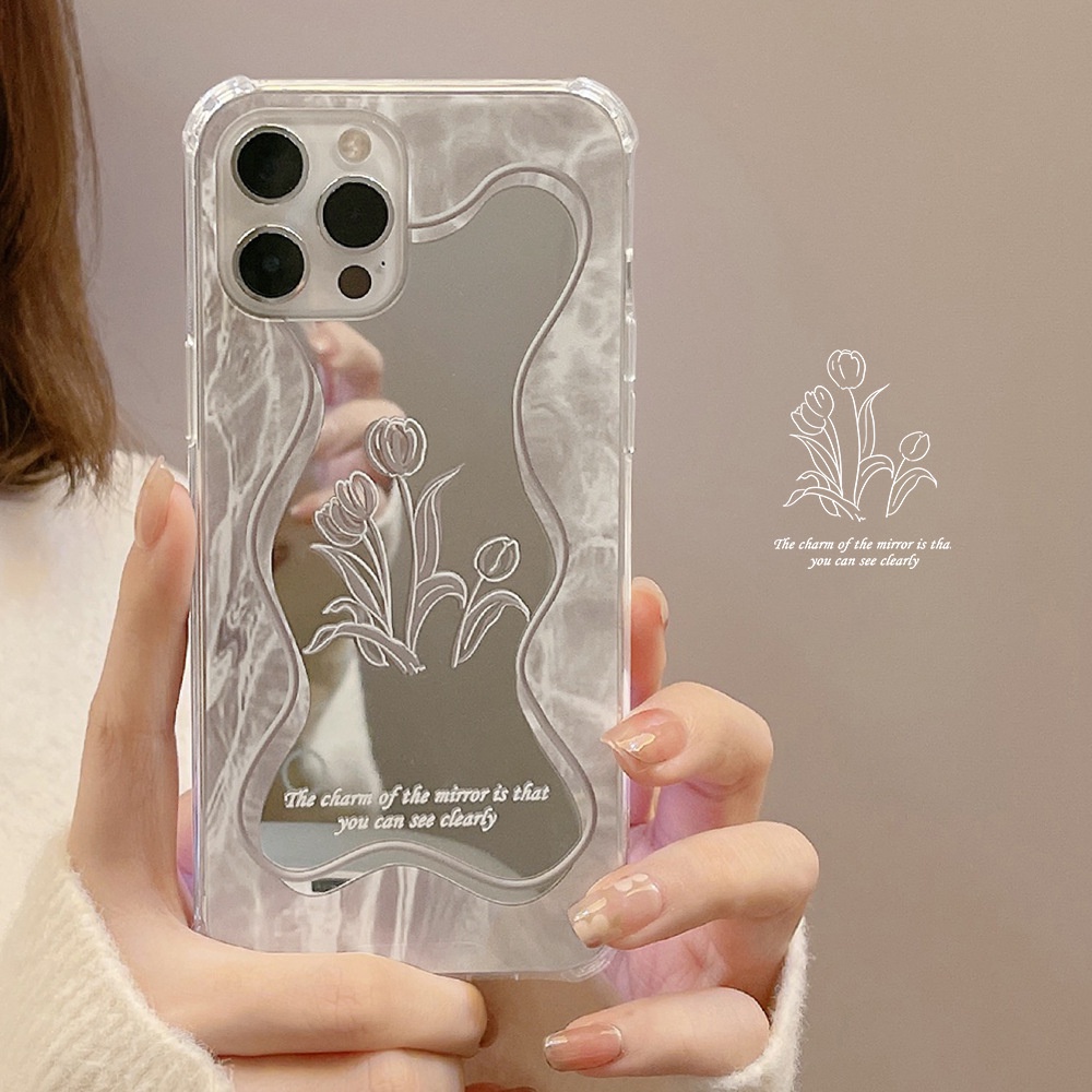 Ốp iphone Vỏ điện thoại hoa văn Tulip với gương trang điểm TPu Silicone Case Điện thoại iPhone 11 Pro Max X Xr Xs 7 8 14 Plus Se 2020 12 pro max 13