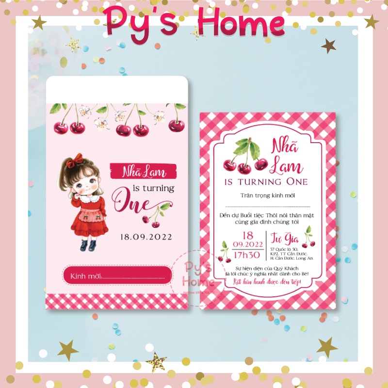 🍒 Thiệp Thôi Nôi - Sinh Nhật thiết kế cho Bé Gái - Chủ đề CHERRY