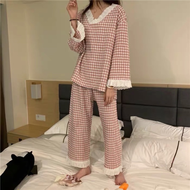 Đồ bộ ngủ mặt nhà hoạ tiết Caro cực xinh POXI Sleepwear | BigBuy360 - bigbuy360.vn