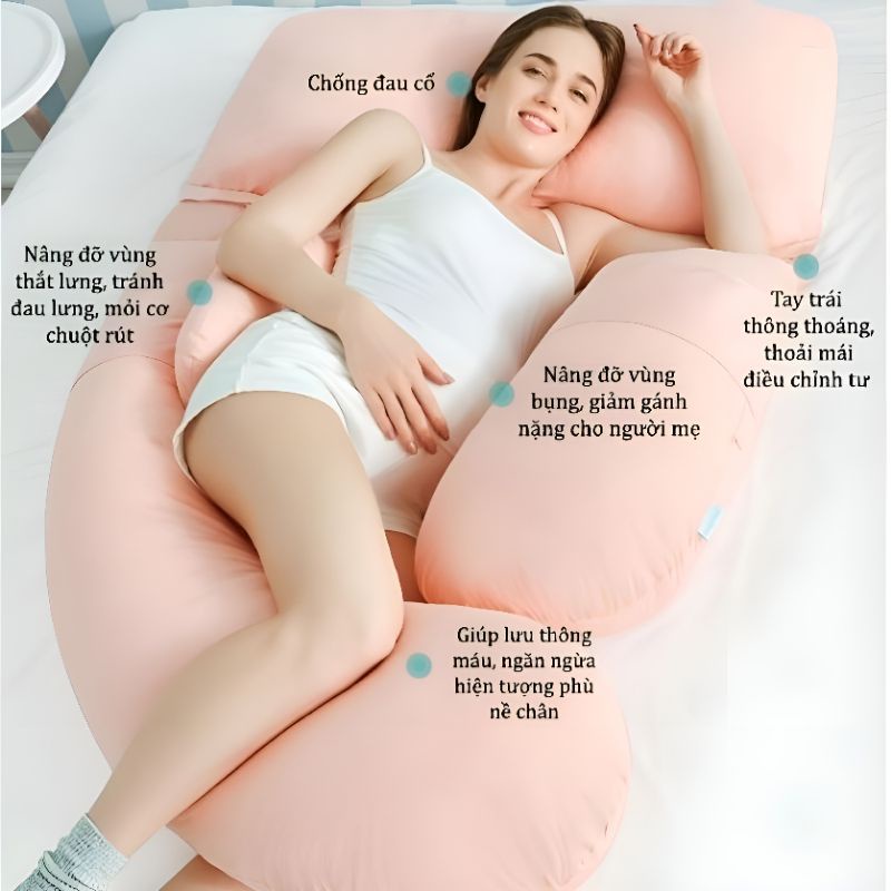 Gối ôm bà bầu chữ J cao cấp, hàng chuẩn loại 1, dễ dàng tháo rời, 100% vải Cotton Hàn Quốc mềm mịn, thoáng mát (1m35*80)
