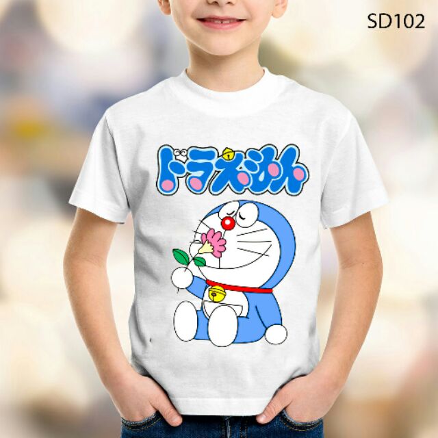 Áo Thun Trẻ Em Doraemon Cầm Hoa  Đủ Size Vải Thái