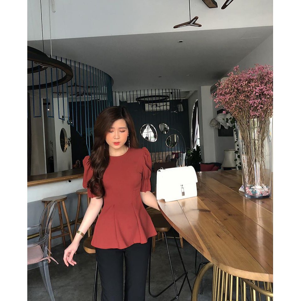 Áo Công Sở Tay Phồng Xếp Ly, Eo Peplum