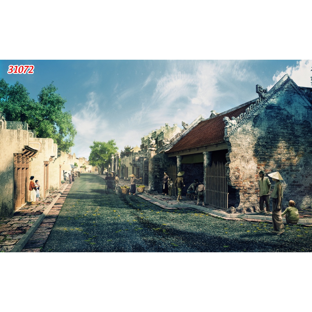 Tranh lụa 3D trang trí quán ăn, quán nướng hẻm phong cách đường phố, hẻm phố Hà Nội thập niên 80, 90