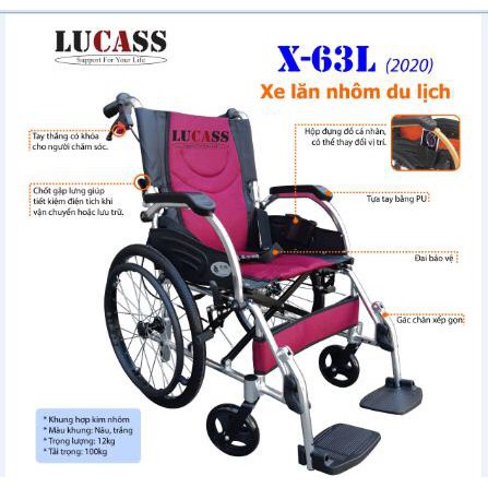 Xe lăn siêu nhẹ Lucass X63 Chất liệu Nhôm - BH 12 THÁNG