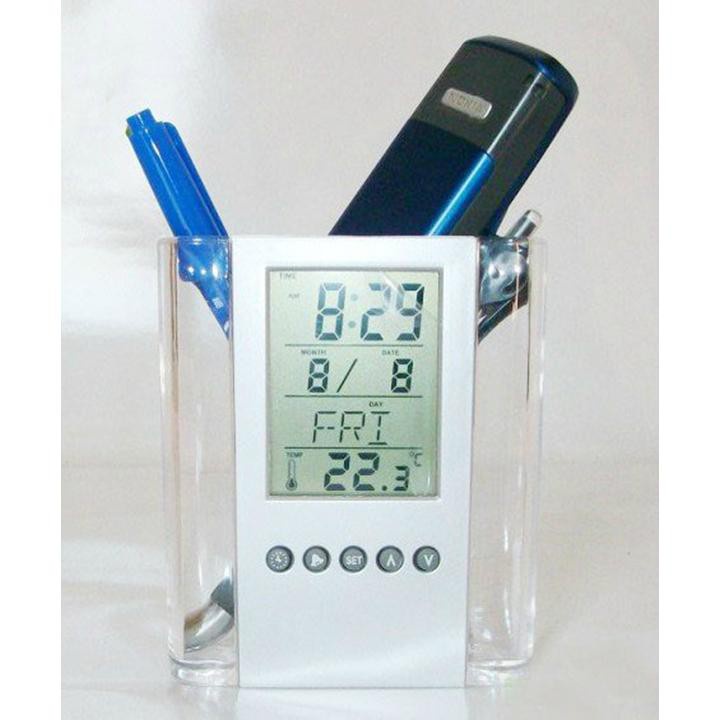 Khay đựng bút có đo nhiệt độ phòng, đồng hồ, lịch kỹ thuật số, để bàn, hộp đựng bút đa năng - hộp trong suốt