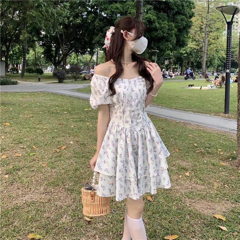 Váy hoa nhí trễ vai dáng xòe hot girl đầm công chúa tay phồng vintage cá tính