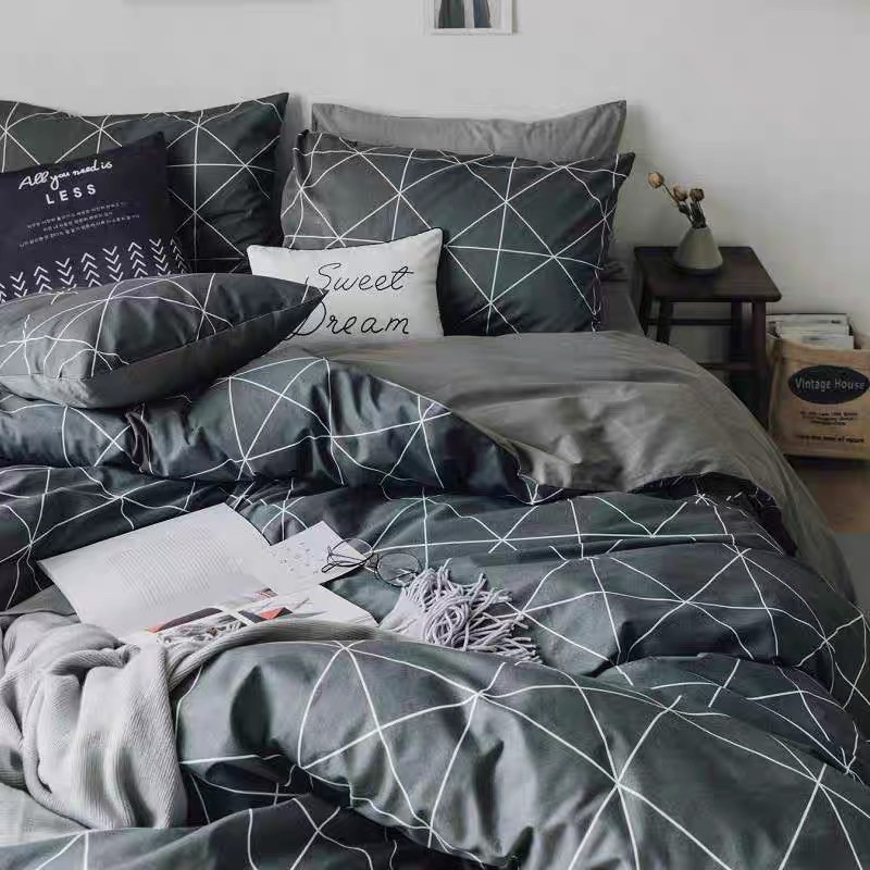 Set Chăn Ga Kẻ Chéo Bàn Cờ Xám Cotton Living Thoáng Mát Bền Đẹp (Shinbedding_store)