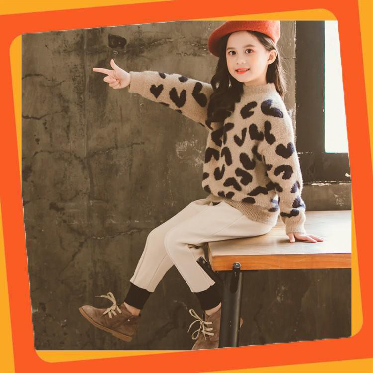 Áo len nữ đẹp 4 tuổi - 14 tuổi, Chất liệu len họa tiết da báo, áo len mềm mại, áo len cổ cao cho be