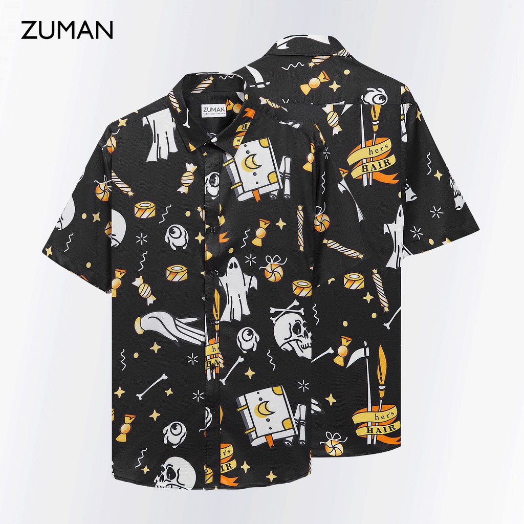 Áo sơ mi nam họa tiết tay ngắn Skull Pattern Hallowen ASM39 ZUMAN  form suông, chất lụa vân chéo, thoáng mát