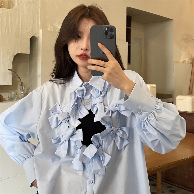 Áo sơ mi kiểu ZHELIHANGFEI cổ lật dáng rộng phối nơ dễ thương phong cách học đường thời trang dành cho nữ