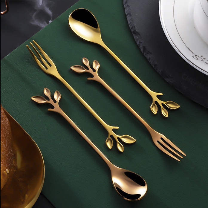 Muỗng Nĩa Inox Đẹp Vàng Gold Cao Cấp Sang Trọng Ăn Trái Cây Tráng Miệng Dễ Thương
