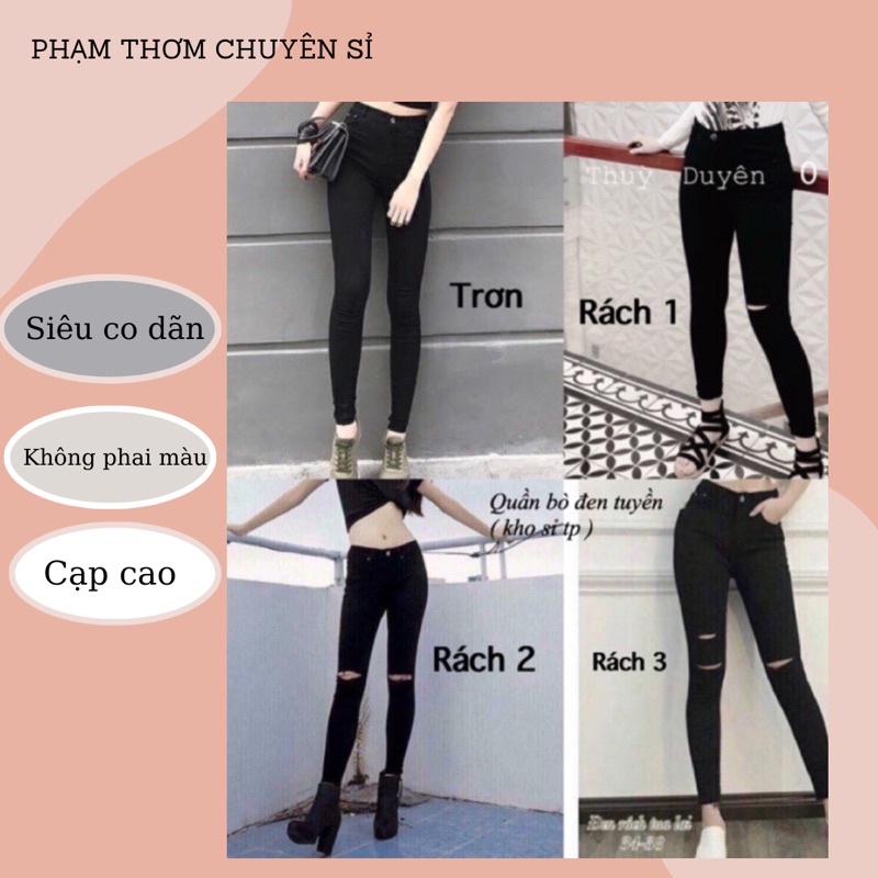 Quần jeans ôm đen LƯNG CAO CO DÃN trơn rách không phai màu nữ - SHOP THƠM PHẠM