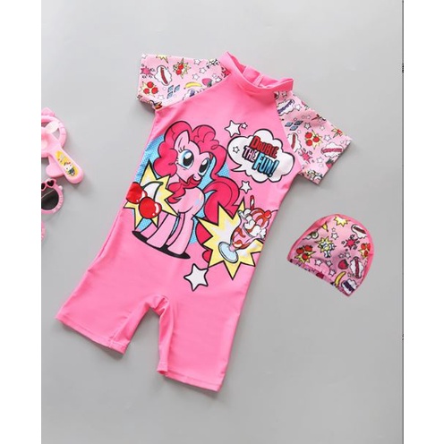 Bộ Đồ bơi liền thân pony màu hồng dễ thương kèm nón cho bé gái