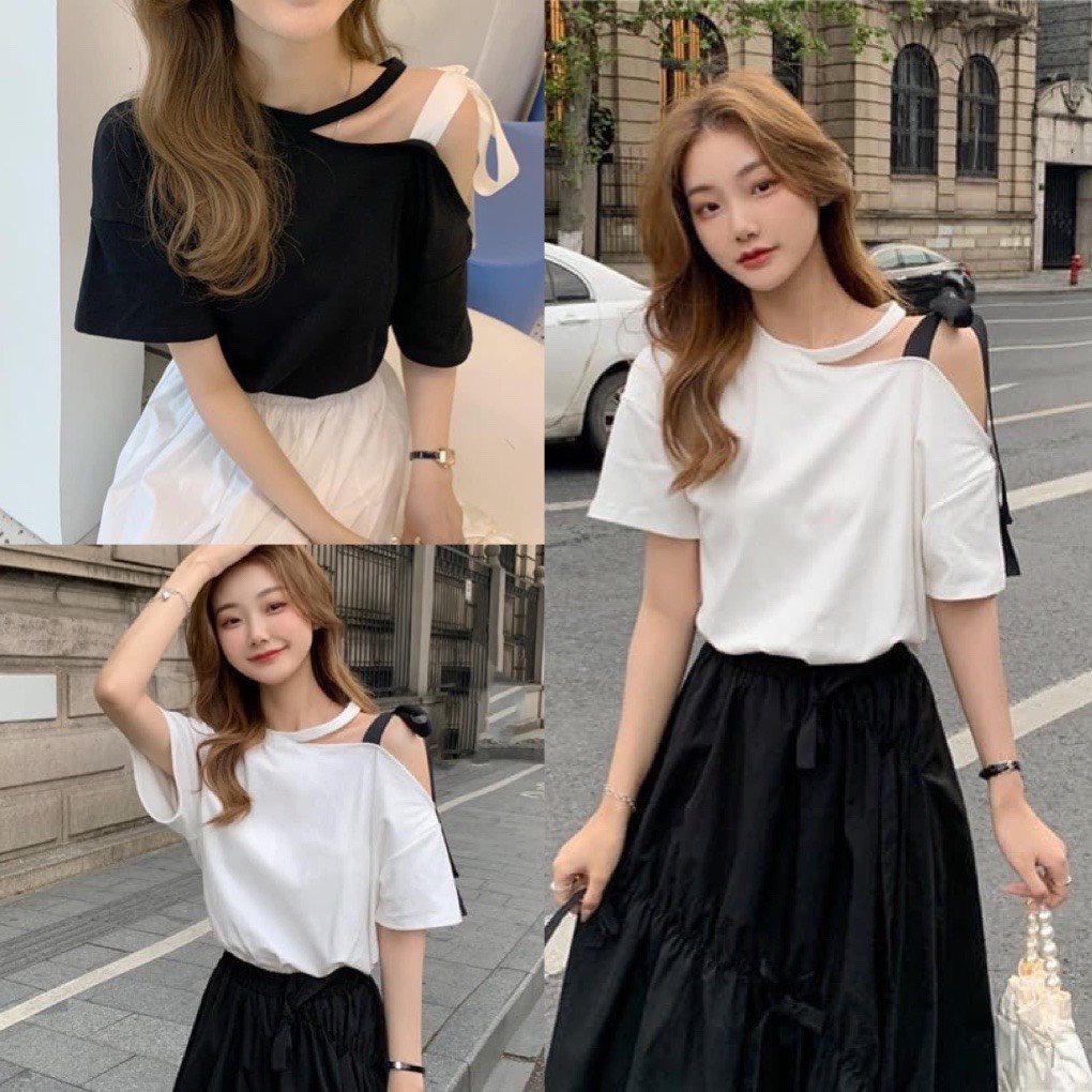 Áo thun nữ choker trễ vai buộc nơ vai 2 mầu kiểu ulzzang vintage tiều thư bánh bèo dễ thương Phong cách hàn quốc ulzzang