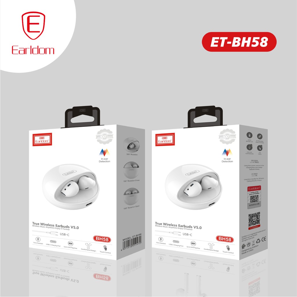 Tai nghe Bluetooth màu trắng, hỗ trợ sạc Type C, âm thanh cực tốt Earldom BH58