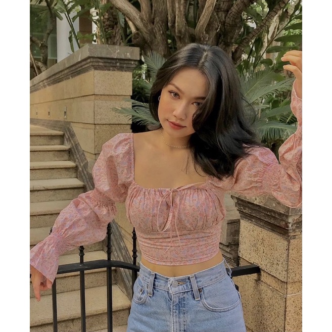 (có bán sỉ)(nền hoa độc quyền, feedback, video, hoả tốc)🍒BELLA CROPTOP (ÁO CROPTOP HOA NHÚN TAY)🥑