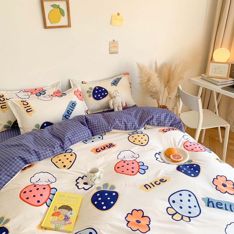 Bộ chăn ga cotton poly Bo Decor chăn ga Hàn Quốc họa tiết Gấu và Thỏ đủ size miễn phí bo chun