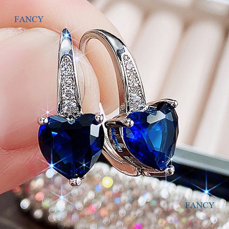 Khuyên Tai Hình Trái Tim Đính Đá Zircon Xanh Lam Phong Cách Thanh Lịch Thời Trang Cho Nữ