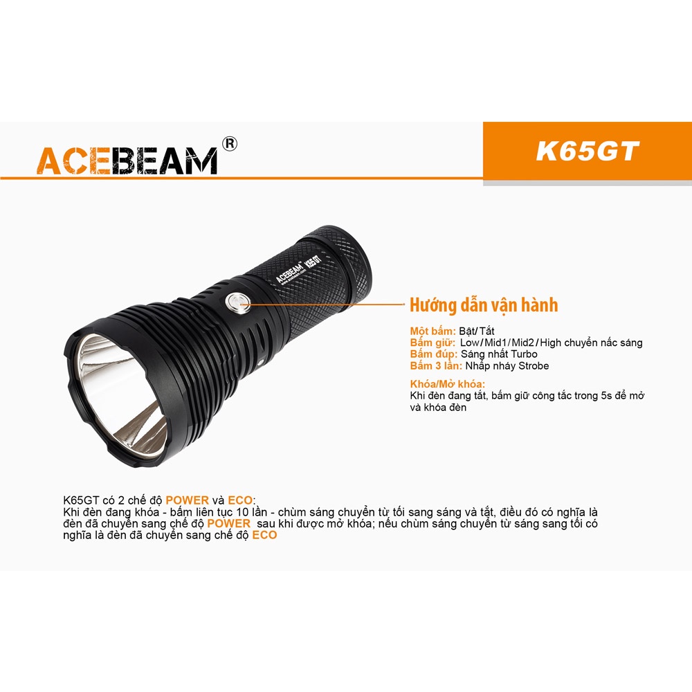 Đèn pin siêu sáng ACEBEAM K65GT sáng 6500lmxa 1682m led Luminus SBT-90 kèm 4 pin 18650 và sạc Miboxer C4s Đèn &amp; Đèn pin