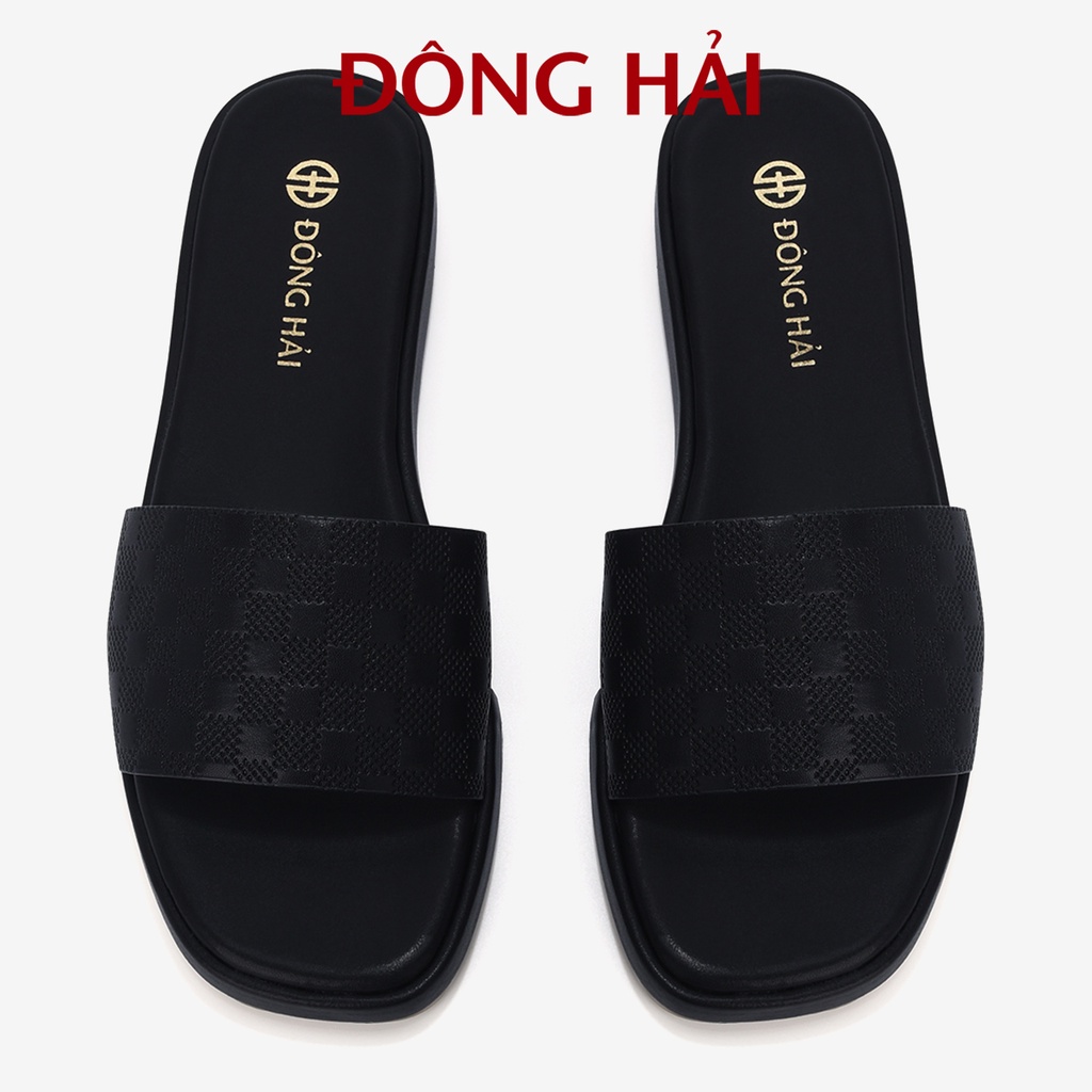 Dép da nữ Đông Hải thiết kế quai ngang họa tiết caro đế bằng cao su dập vân chắc chắn 3cm - D7426