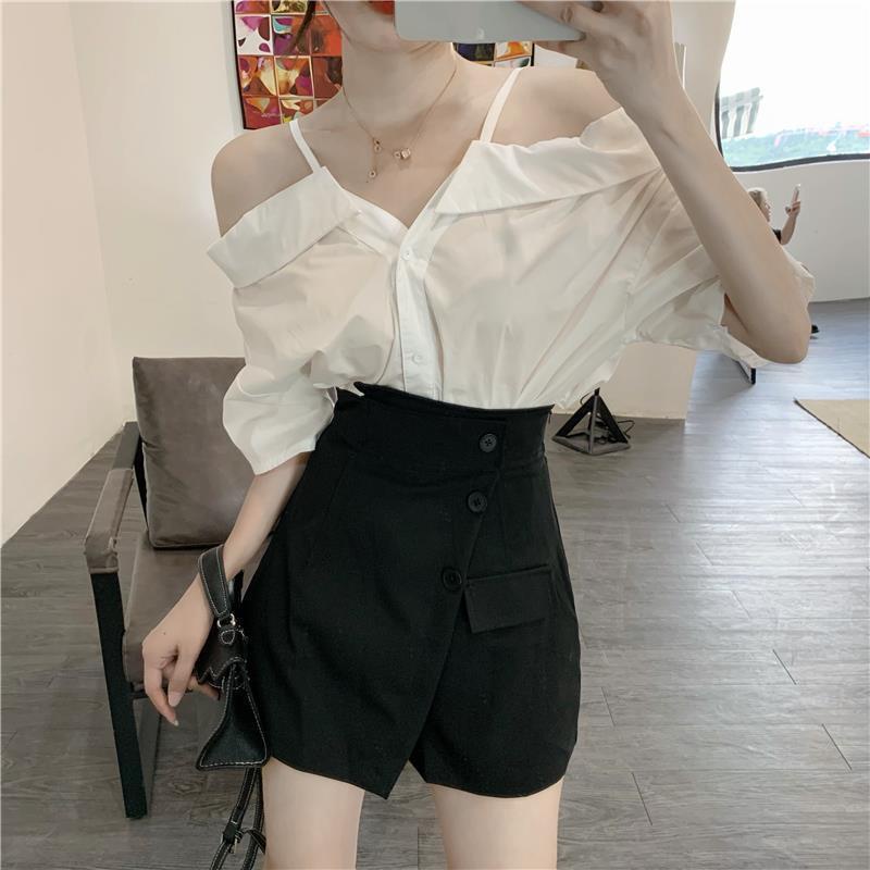 Set váy Áo Trễ Vai Tay Ngắn Hở Vai + Quần Dài Eo Cao Ống Đứng Phong Cách Hàn Quốc Thời Trang Cho Nữ