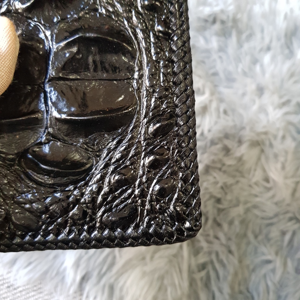 Ví Da Cá Sấu Thủ Công, Gù To | Ví Cá Sấu Đan Viền 2 Mặt |  Màu Nâu Và Đen | Dáng Đứng