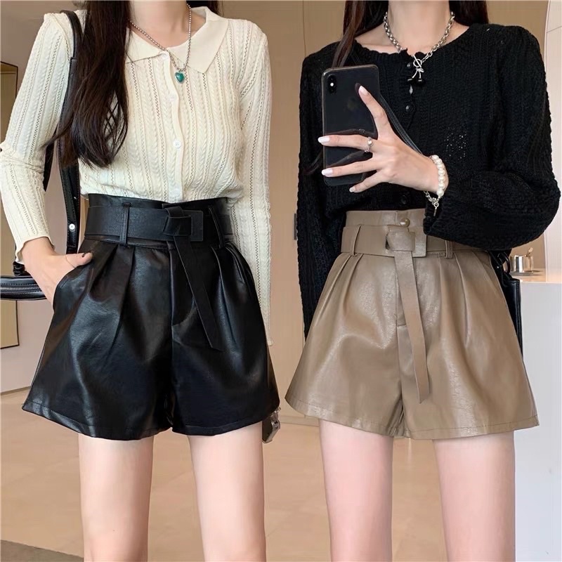 [Ảnh thật/Video]Quần short da cao cấp thiết kế cúc bấm kèm đai Quần sooc da phong các ulzzang