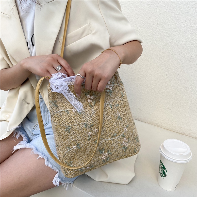 Túi Đeo Chéo Chất Cói Xô Đi Biển Thêu Cây Hoa Style Korea Mới Xinh
