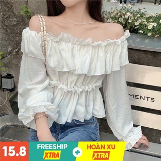 Áo bèo trắng nữ trễ vai cách điệu 2 tầng siêu xinh