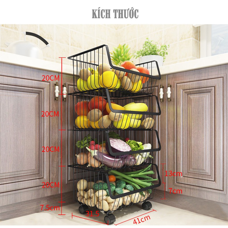 Kệ 4 tầng có bánh xe đa năng đựng rau củ quả có thể tháo rời VKIT DN04