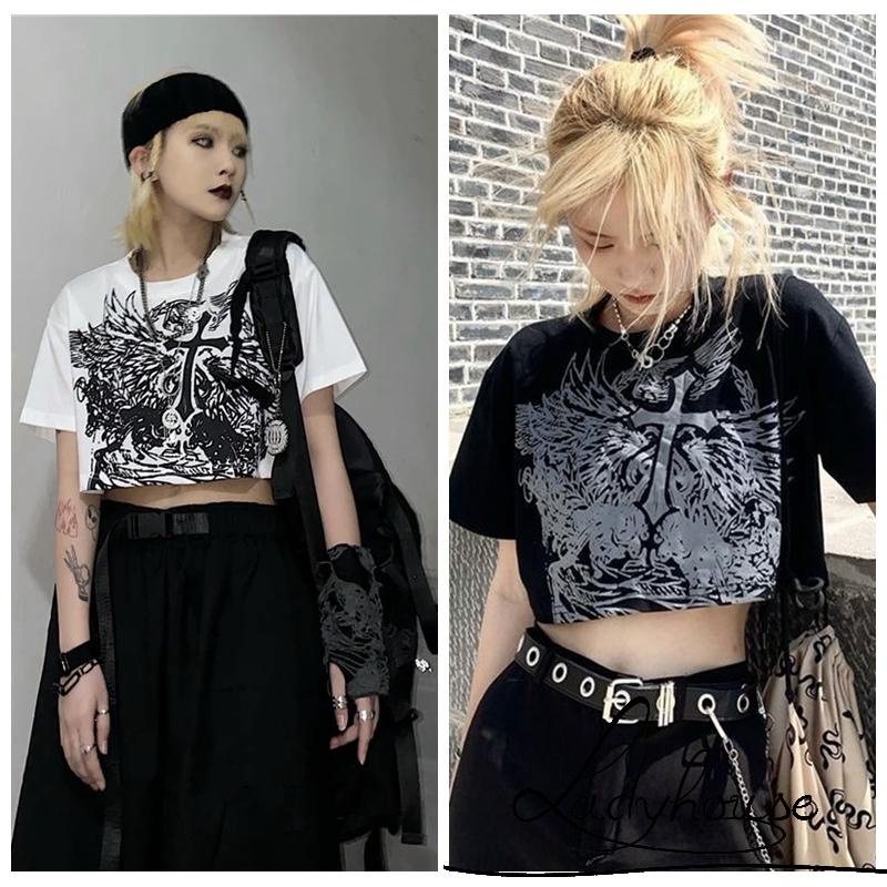 Áo thun tay ngắn cổ tròn in họa tiết màu trắng/đen thời trang mùa hè cho nữ