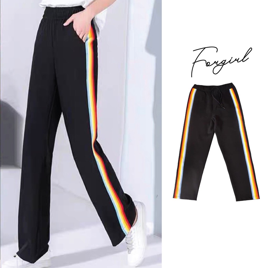 Quần baggy thể thao Forgirl sọc cầu vồng nữ cạp chun chất da cá