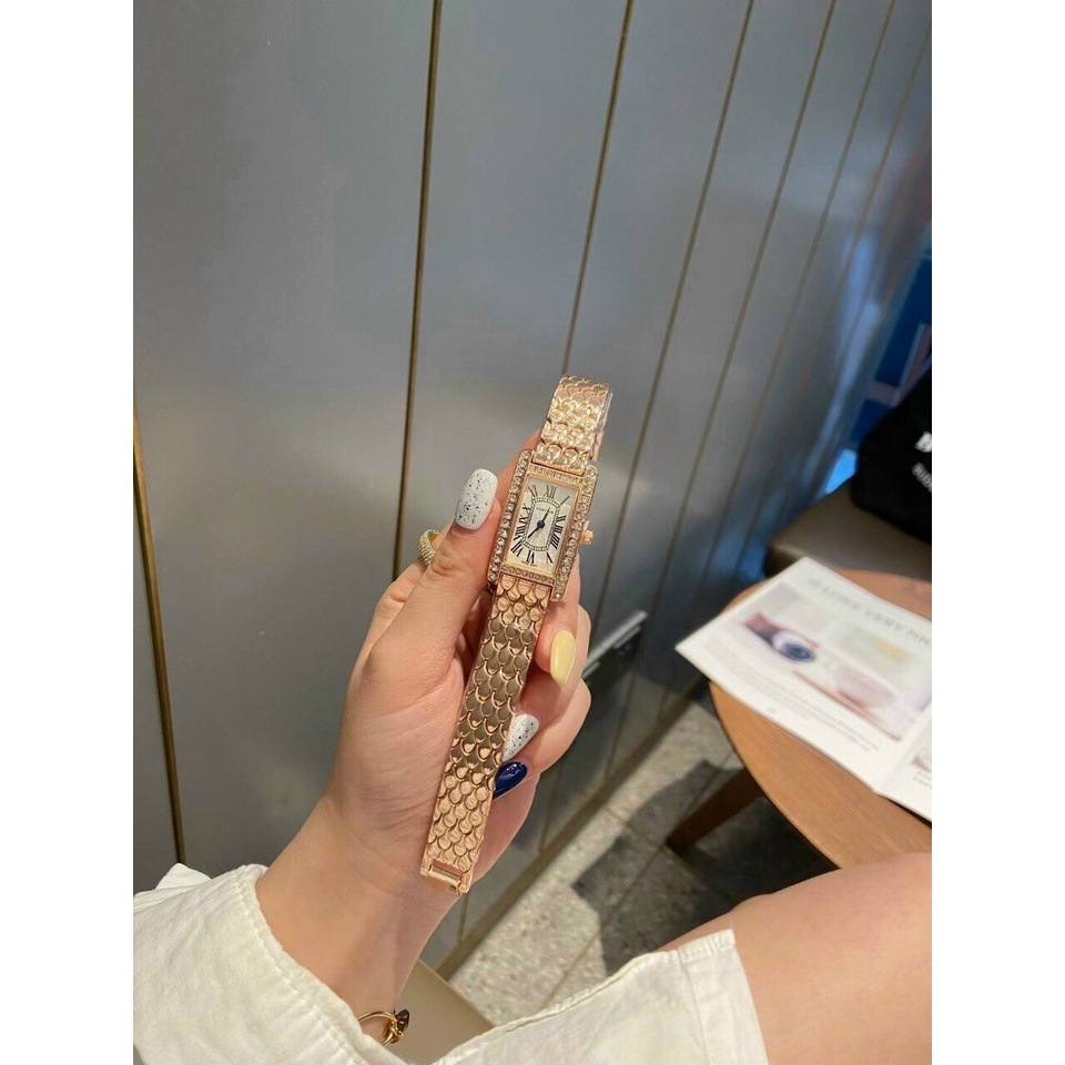 Đồng hồ nữ catier ca14 dây thép , viền nạm đá , size 20x30mm