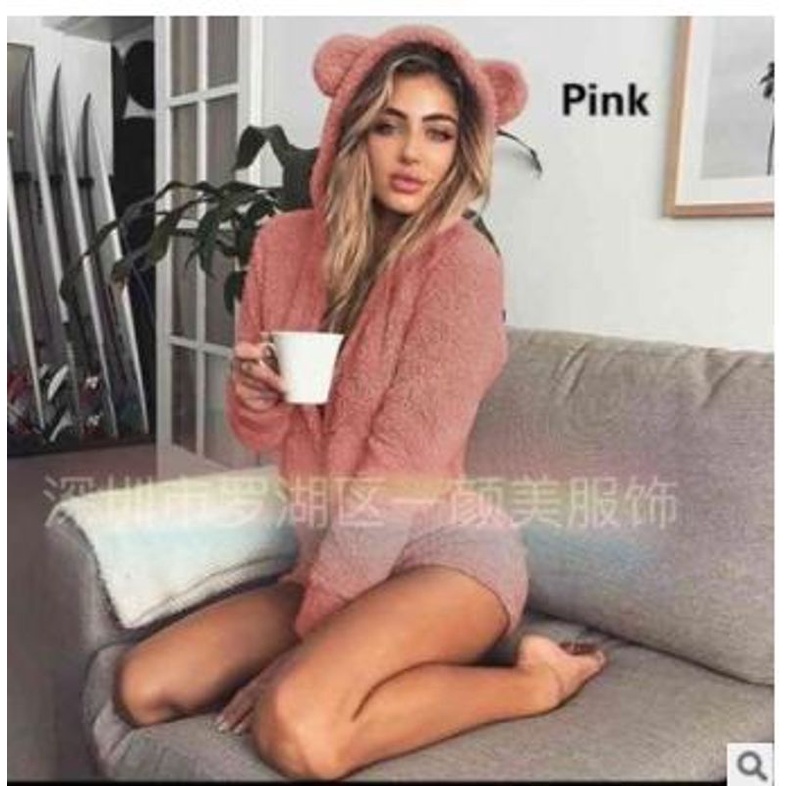 Bộ Đồ Ngủ Liền Thân Màu Trơn Giữ Ấm Tai Thỏ Dễ Thương Thời Trang Mùa Đông Cho Bạn Gái