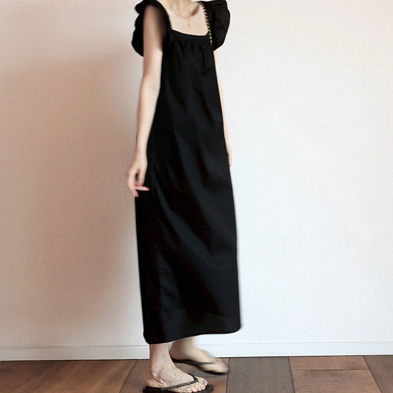 Đầm Không Tay Cổ Vuông Màu Đen Dáng Rộng Phong Cách Thời Trang Mùa Hè Pháp 2022