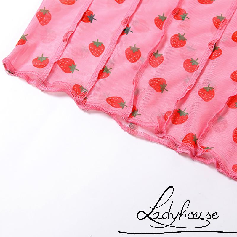 Áo thun dài tay hở rốn in họa tiết dâu tây dành cho nữ