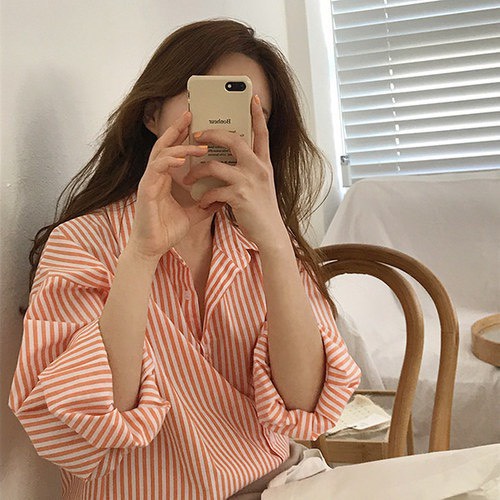 Áo Sơ Mi Nữ Freesize Xé Tà Sọc Trắng Cam ( Hàng Quảng Châu)