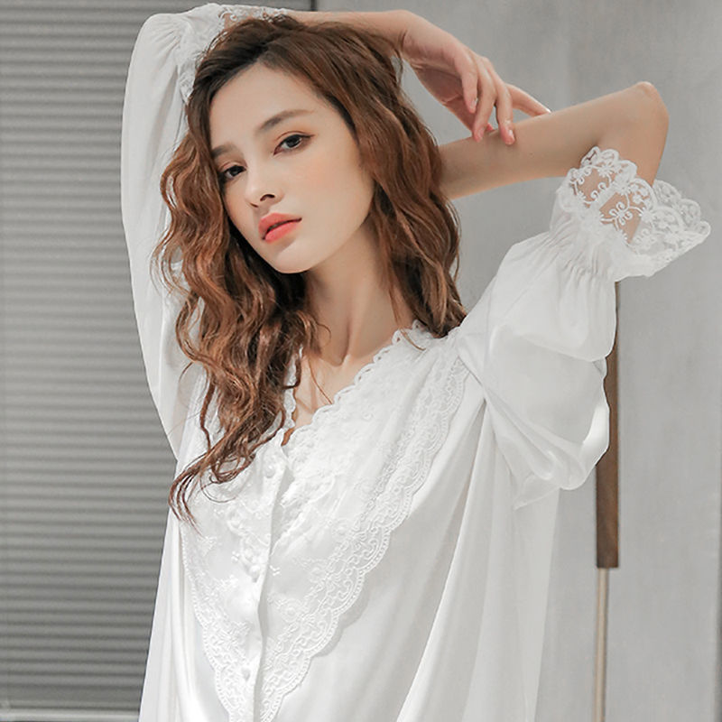 Váy Ngủ Nữ Mùa Xuân Và Mùa Thu Voan Tay Dài Sexy Ren Nhật Bản Mỏng Dài Lỏng Lẻo Áo Sơ Mi Trắng, Đồ Ngủ Mùa Hè Của Phụ Nữ