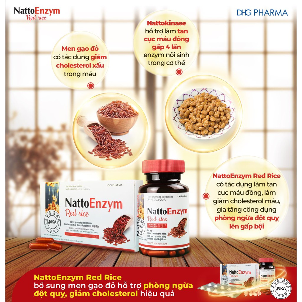 NattoEnzym Red Rice - DHG Pharma - Chai 60 Viên - Hỗ Trợ Giảm Cholesterol Máu, Làm Tan Cục Máu Đông