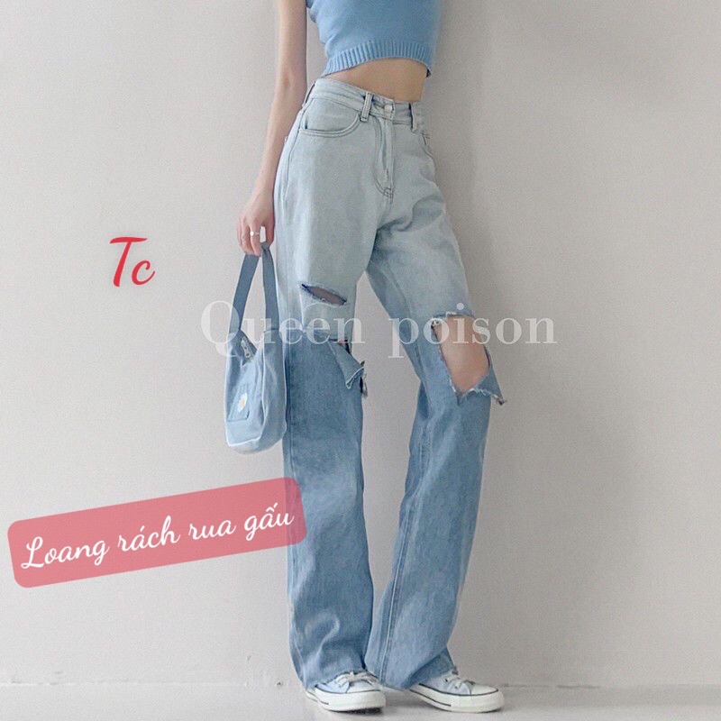 [BÁN SỈ] Quần Jeans Bò Nữ Ống Rộng Loang Xanh Trơn Và Rách Chất Bò Mêm