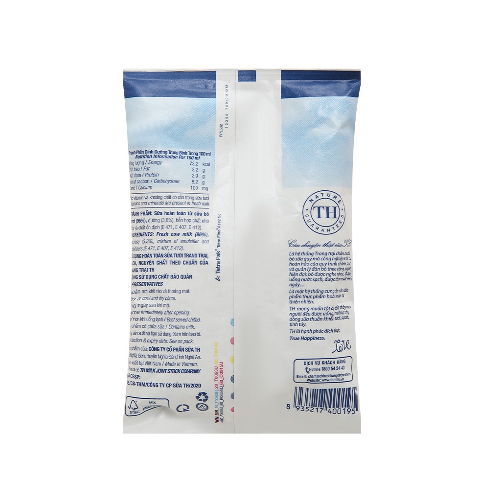 5 BỊCH Sữa tươi tiệt trùng có đường TH true MILK bịch 220ml